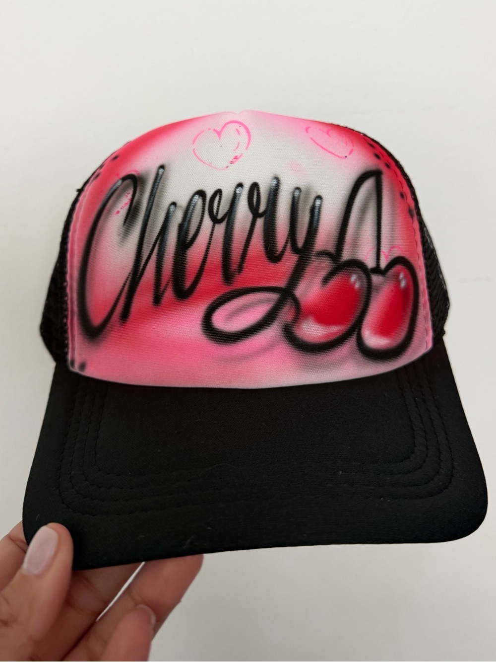 Airbrushed CHERRY Mesh Trucker Hat - Pink & Black